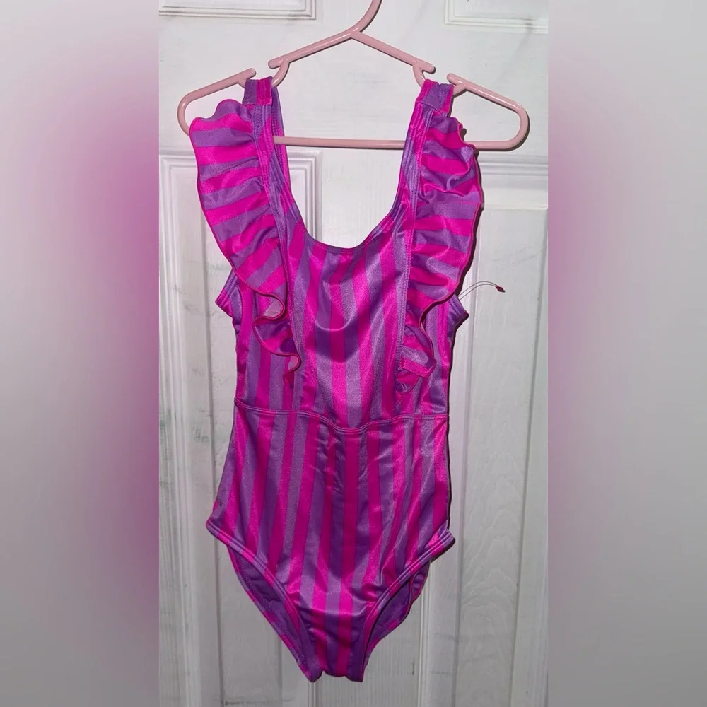 Cat & Jack Girls Ruffle Striped One Piece Swimsuit Size 8 Pink Purple